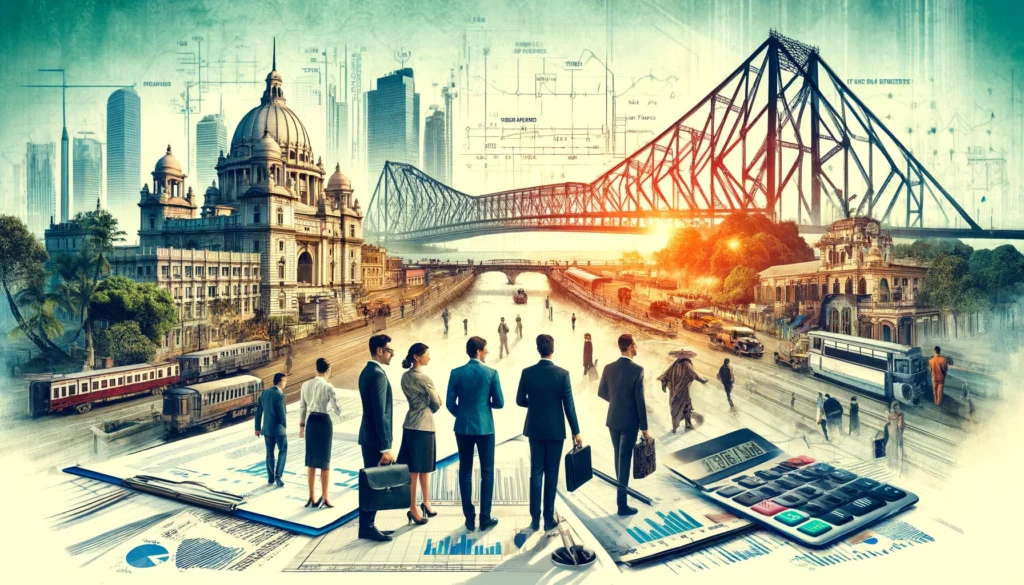 Professionals in business attire discuss near iconic Kolkata landmarks like the Howrah Bridge and Victoria Memorial, symbolizing the city's top CA firms.