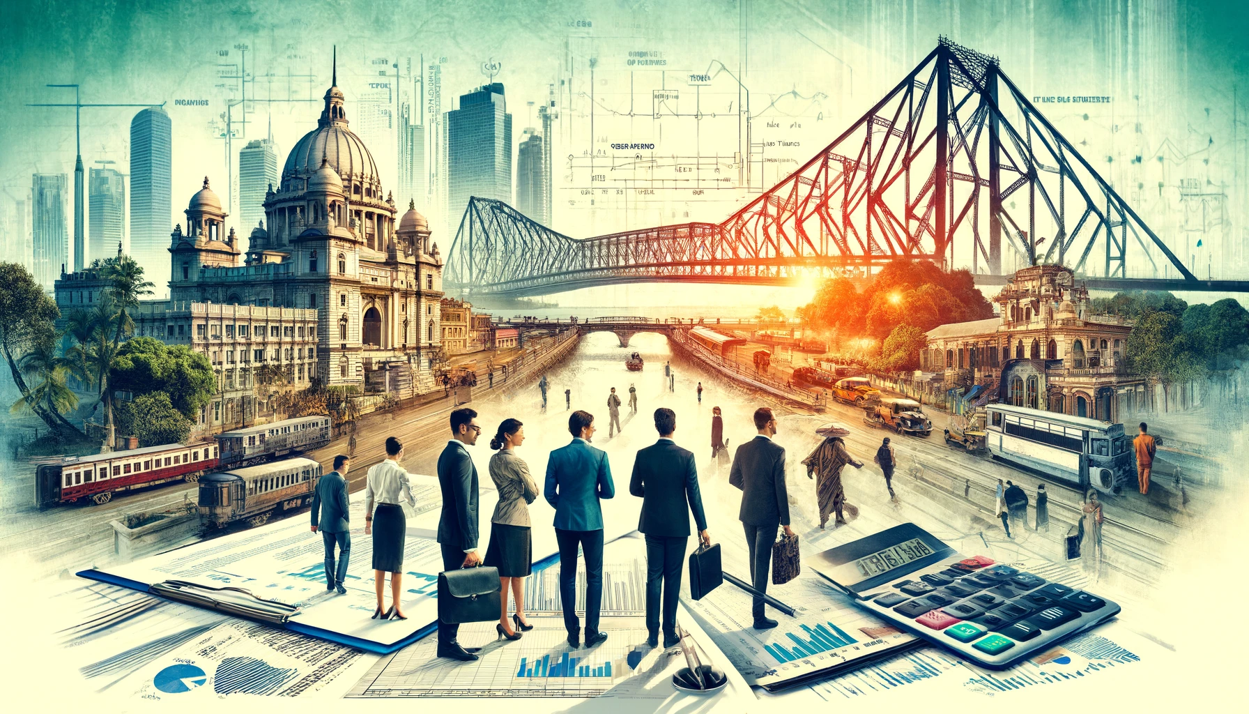 Professionals in business attire discuss near iconic Kolkata landmarks like the Howrah Bridge and Victoria Memorial, symbolizing the city's top CA firms.