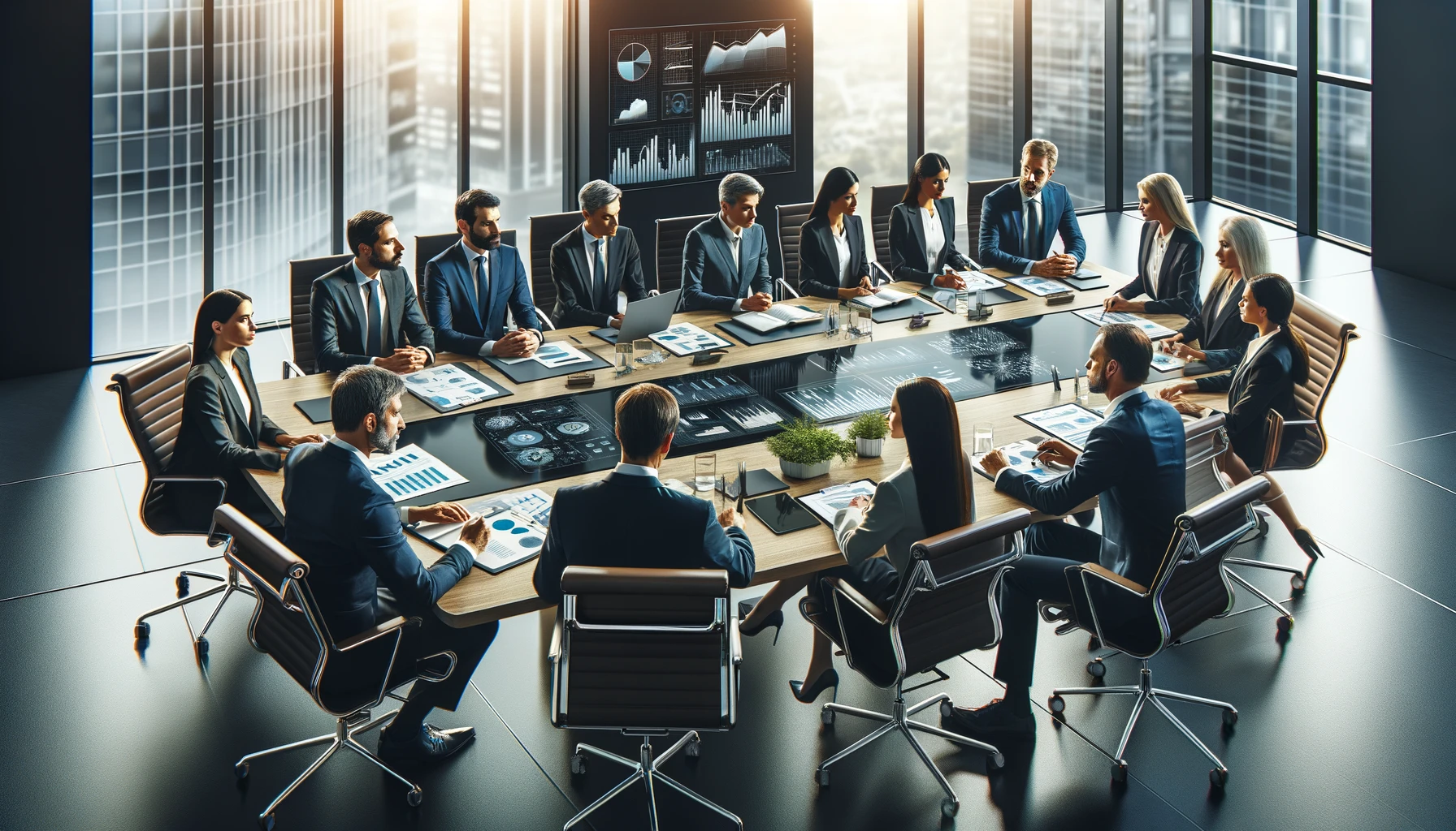 Modern corporate boardroom with a diverse group of professionals seated around a large table, covered with financial documents, charts, and digital devices. The setting is sophisticated, featuring sleek furniture and large windows that show a cityscape, conveying an atmosphere of serious financial due diligence discussion.