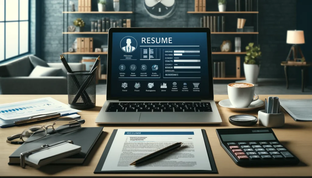 A professional office desk setup featuring an open laptop with a resume template displaying financial keywords, financial reports, a calculator, and a cup of coffee on the desk. The background shows a bookshelf filled with finance and business books.