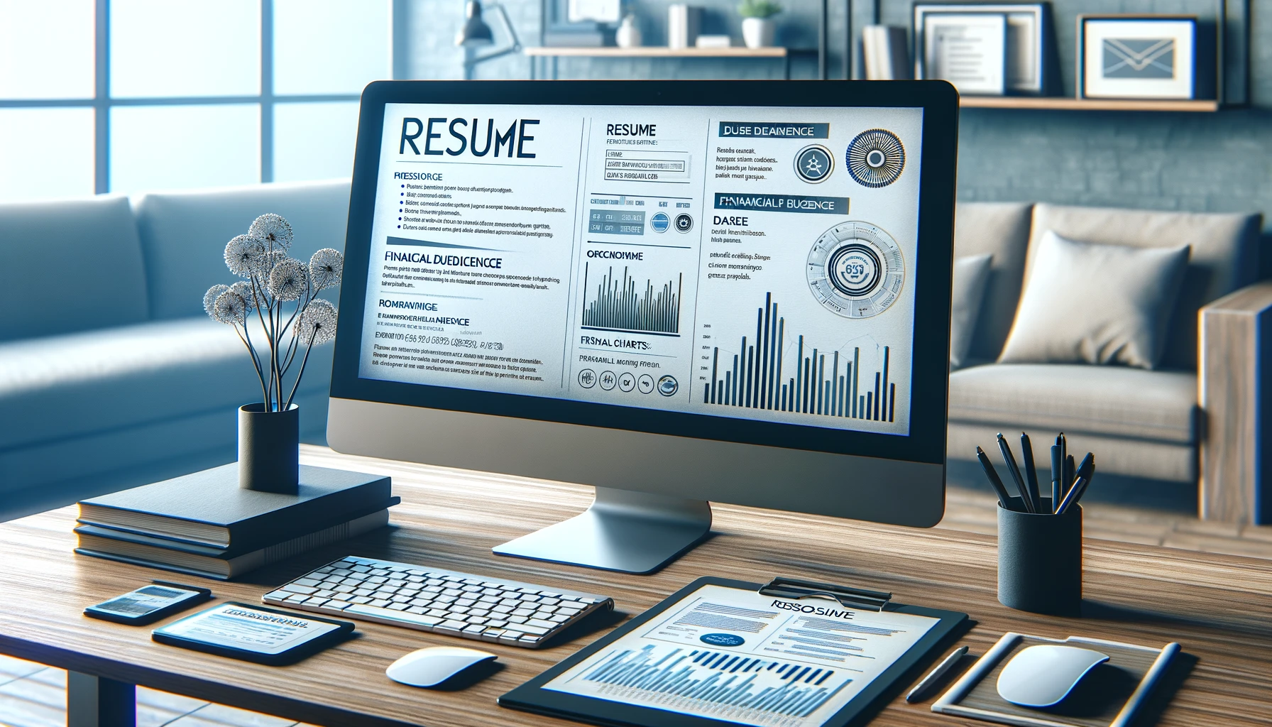 A modern office workspace featuring a desktop computer screen displaying a resume emphasizing phrases related to financial due diligence. The desk is equipped with financial charts, documents, and a digital tablet showing graphs, set in a clean and contemporary environment suitable for a professional in financial due diligence.
