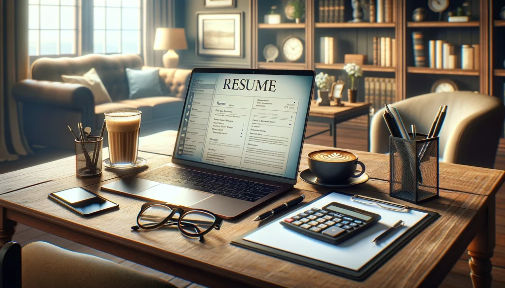 A laptop computer on a wooden desk with a statutory audit resume open on the screen.