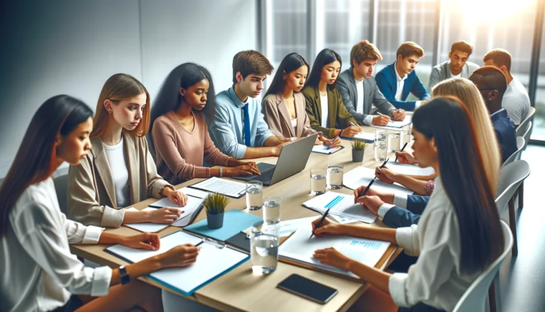 Students preparing for an FP&A interview, discussing around a conference table with laptops and documents, highlighting teamwork and diversity. - FP&A Interview Questions and Preparation