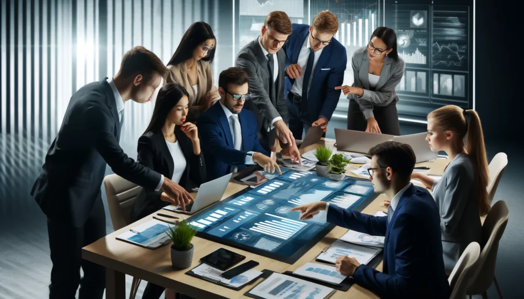 A team of financial planning analysts collaborates in a strategic meeting, engaging in discussions over financial data and projections. This image captures the essence of teamwork and analytical expertise in financial planning. - FP&A Analyst Responsibilities