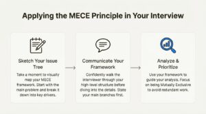 A 3-step workflow on how to apply the MECE principle in a case interview, from sketching the issue tree to analysis