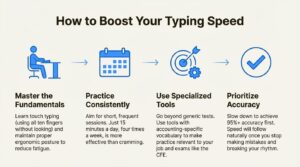 A workflow showing four steps to improve typing speed for accountants master fundamentals, practice consistently, use specialized tools, and prioritize accuracy