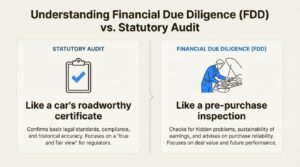 An infographic comparing a statutory audit to a car's roadworthy certificate and Financial Due Diligence to a mechanic's pre-purchase inspection.