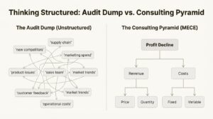 An infographic comparing the unstructured 'audit dump' approach with the structured 'consulting pyramid' approach