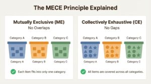 An infographic explaining the MECE principle, showing mutually exclusive and collectively exhaustive categories.
