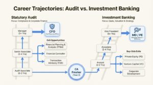 An infographic showing the different career paths and exit opportunities after 2-3 years in Investment Banking vs Statutory Audit
