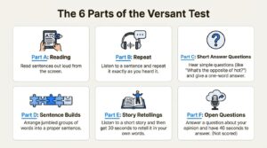 An infographic showing the six parts of the Versant test