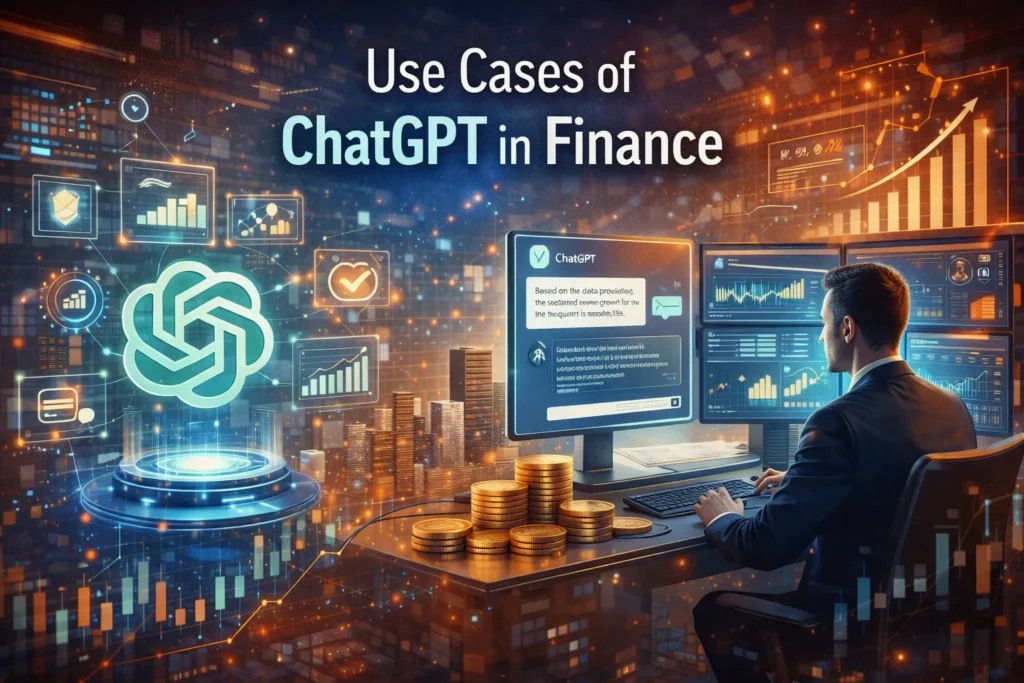 Illustration showing ChatGPT assisting finance professionals with data analysis, reporting, forecasting, compliance, and customer support through AI-powered dashboards and digital finance tools.