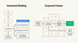 A workflow diagram illustrating the rapid, exit-focused career path in investment banking versus the steady, linear progression in corporate finance