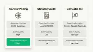 An infographic comparing the Transfer pricing career path with statutory audit and domestic tax, focusing on global skill portability
