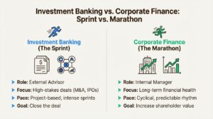 An infographic comparing the core differences between investment banking (a sprint) and corporate finance (a marathon)