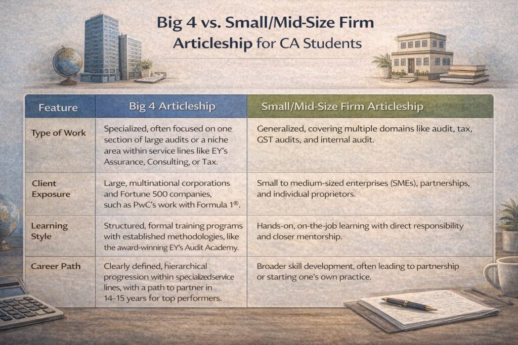 An infographic comparing the key differences in experience gained at Big 4 versus small or mid-size firms.